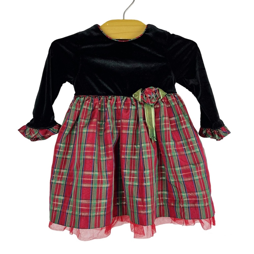 George Velvet Plaid Long Sleeve Holiday Dress Size 12 Months